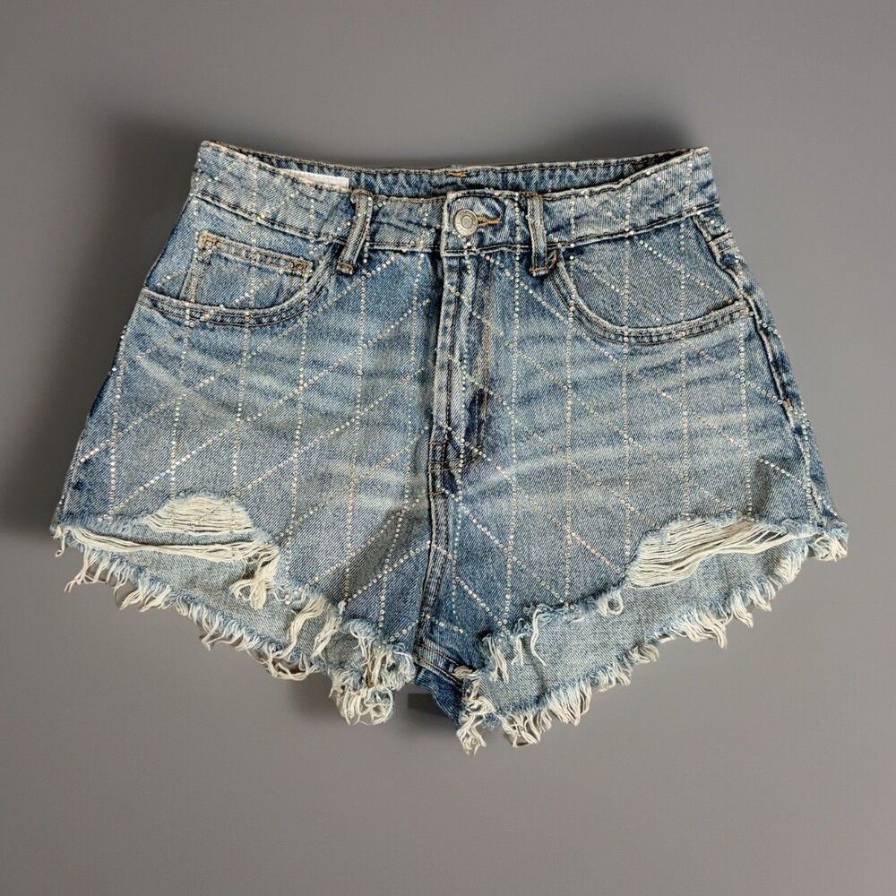 ZARA Denim Shorts Women Size 4 Blue Distressed Rhinestone Studded High Rise